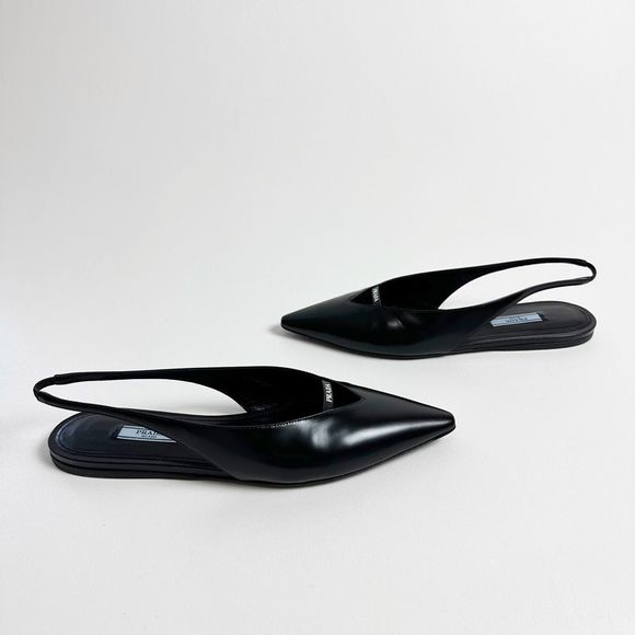 PRADA Black Slingback Ballet Flats 40 US 9.5 Point Toe Logo Flat Brushed Leather - Picture 12 of 15
